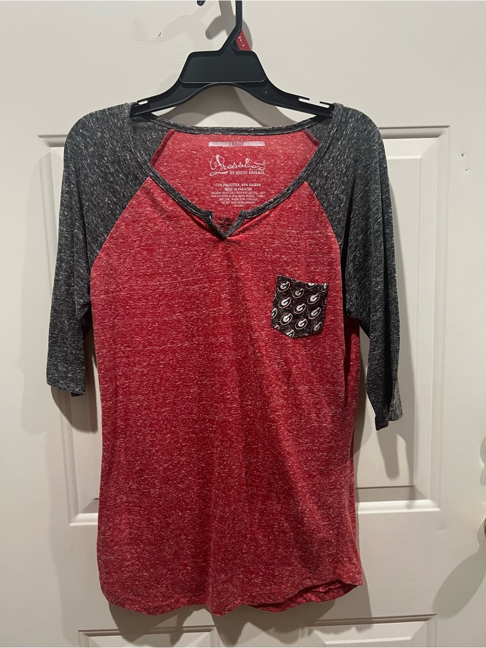 Pressbox Red Raglan Georgia Baseball Tee with Gray Sleeves and Print Pocket